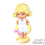The image depicts a pixelated blonde character standing on a yellow halo or round platform. The character is dressed in a white outfit and is holding a yellow hat behind their back. They have curly blonde hair and a friendly or cheerful demeanor.