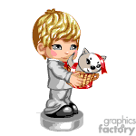 The image is an animated clipart of a character with blond hair holding a basket with a cute, happy cat inside. The character seems to be standing on a circular base, suggesting it may be a representation of a figurine or statue. The cat has a red bow around its neck.