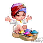 The clipart image animation shows an animated baby wearing a turban and a diaper, sitting with what appear to be clothes or fabric pieces spread around on the floor, with a selection of colored cakes or breads in front