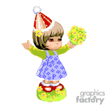 The image is an animated clipart featuring a character designed to look like a child wearing a blue dress with flower decorations and a festive Santa hat. The character is also holding a bouquet of yellow flowers and stands on a green platform with red details, possibly suggesting holiday-themed shoes. The character is smiling and appears to be in a cheerful, celebratory mood.