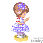 The image depicts a young animated girl wearing a purple and white dress with a bow in her hair, standing on a small round object, possibly a stone, and pointing forward with one hand. She has large, expressive eyes and seems to be in a thoughtful or inquisitive pose.
