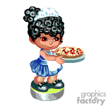 The clipart image depicts an animated character wearing a chef's hat and holding a plate with what appears to be a pizza. The character is standing on a small stool or platform and has a decorative pattern in their hair.
