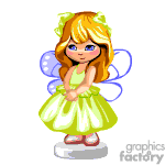 The image features a cute cartoon fairy with long blonde hair adorned with green leaves. She is wearing a green dress with yellow accents that resemble petals and has a pair of blue semi-transparent wings. She is also wearing sandals and has a friendly expression on her face.