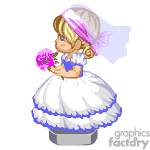 The clipart image features an animated character of a young girl in a wedding or bridal attire. She wears a white dress with lace details, a veil, and is holding a bouquet of pink flowers. Her hair appears to be blonde and she has a ribbon or band matching her bouquet. The character is depicted in a cute, cartoonish style with an emphasis on the dress and bouquet, suggesting themes of weddings, brides, and flower girls.