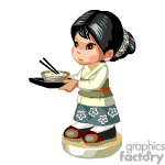 The clipart image features an animated character of a young girl dressed in traditional Japanese attire, holding chopsticks and a bowl of food. Her hair is styled with what appears to be chopsticks, and she's wearing zori sandals.