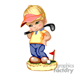 The image is a clipart showing a cartoon of a young child ready to play golf. The child is wearing a cap and casual sporty clothes, holding a golf club with one hand on their hip, with a confident smirk on their face. On the ground, there are two golf balls and a red flag marking the hole on a small patch of grass.