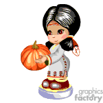 The image is a clipart featuring a cartoon character dressed as a pilgrim, holding a pumpkin. The character has stylized black hair, and wears a traditional pilgrim's outfit with embroidery and a white collar, as well as brown shoes.