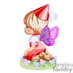 This clipart image depicts a cute animated fairy. The fairy has blonde hair, purple wings, and is wearing a red dress with a matching hat. The fairy appears to be sitting on a rock surrounded by small flowers.