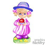 This clipart image shows a cartoon depiction of a young girl wearing a purple dress and hat, adorned with flowers. She is holding a red apple and standing on a patch of grass with yellow flowers.