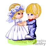 The clipart image depicts two animated children dressed in wedding attire. The child on the left is wearing a white wedding dress and a veil adorned with blue flowers, while the child on the right is wearing a blue suit. They appear to be holding hands or dancing on a patch of grass.