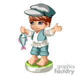 The clipart image features an animated boy wearing a cap and overalls, holding a fish in one hand. He appears to be standing on a circular base that resembles a part of a fishing dock or a stylized representation of ground.