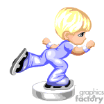 The clipart image depicts a cartoon of a young boy ice skating. The boy has blond hair and is dressed in blue attire suitable for ice skating, including pants and a long-sleeve top. He is in a dynamic pose that suggests movement, with one leg extended behind him and arms positioned for balance. The boy appears to be skating on a small patch of ice.