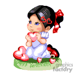 This image depicts a cute animated little girl with black hair adorned with red heart-shaped hair accessories. She is squatting on a patch of grass and holding a small red heart in her hands, with more red hearts scattered around her.