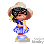 The clipart image contains a cartoon of a little girl wearing a wide-brimmed hat and a blue dress. She has curly black hair decorated with a yellow flower and is holding a drinks bottle that she is taking a sip from