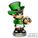 The clipart image displays an animated leprechaun. He is wearing a green top hat with a gold buckle, a green coat with gold buttons, black shoes with buckles, and is holding a pot of gold. The leprechaun appears cheerful and is designed in a whimsical cartoon style.