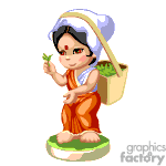 The clipart image contains an animated character representing a traditional Indian village woman. She is wearing a sari with a headscarf, and she's carrying a basket on her back filled with green leaves or vegetables. In one hand, she holds what appears to be a small green leaf or plant.