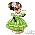 This image shows a stylized digital illustration of a girl in a green vintage dress holding a fan. She has brown hair styled in an updo with a pink flower accessory and is wearing black gloves.