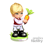 The clipart image features an animated character of a young boy with blonde hair, dressed in a white shirt and black boots, holding a sizable carrot with green leaves. The boy appears to be standing on a patch of grass.