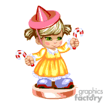 This clipart image features a cute animated little girl dressed in a yellow dress with a white apron, blue pants, and brown shoes. She's wearing a pink conical hat and holding two striped candy canes. The girl has blonde hair and is standing on what appears to be a small circular platform.