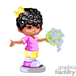 This clipart image features an animated character that is a girl with curly black hair adorned with a yellow bow, wearing a short-sleeved pink top, white pants, and purple shoes. She is holding a bouquet of white and yellow flowers and seems to be standing on a grey circular base. The character is designed in a cute, cartoonish style and displays a joyful expression.