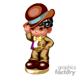The image shows an animated character that appears to be a boy dressed in a vintage style. He's wearing a brown hat, a yellow suit, a white shirt, and a purple tie. He has rosy cheeks, black hair, and is wearing big brown shoes. The character is also saluting or tipping his hat with his right hand.