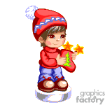 The clipart image shows an animated character of a child wearing a red winter hat with a pompom, a red sweater, and blue pants. The child is holding a Christmas-themed gift and two golden stars. The character has brown hair, is smiling, and appears to be standing on a snow-like base.