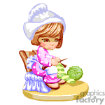 This clipart image depicts a cute animated character of a young girl who is engaged in the hobby of knitting. She is seated, wearing a lovely dress and a white hat, with a ball of green yarn next to her from which she is knitting. The character seems focused on her task, holding knitting needles and working on a piece in soft pink.