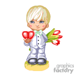 The clipart image features a cartoon of a young boy with blonde hair. He is wearing a white outfit with a blue waistcoat and matching blue shoes. The boy is smiling and holding a red heart in one hand, symbolizing love or affection. In the other hand, he is holding a bouquet of red tulips. The image has a Valentine's Day theme, indicated by the heart and the romantic gesture of offering flowers.