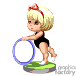 The clipart image features an animated character of a young girl with blonde hair tied with a red bow, wearing a black leotard. She is performing a gymnastic pose with a blue hoop. She is standing on a small patch of grass with a white line, which could represent a performance stage or a gymnastic floor. The image has a playful and child-friendly design.