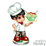 The clipart image features an animated chef holding a plate of spaghetti bolognese. The chef is wearing a white chef's uniform with a toque (chef's hat) and has a friendly expression. The spaghetti bolognese appears to be garnished with some herbs. The chef stands confidently, ready to serve the dish.