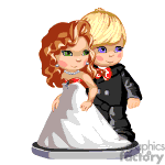 The image is a clipart of a bride and groom in wedding attire. The bride is wearing a white wedding dress and the groom is dressed in a black tuxedo with a red bow tie.