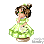 This clipart image features an animated character of a young girl in an old-fashioned, frilly green dress with white accents, holding a fan, and sporting curly brown hair styled in a bun.