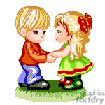 The clipart image depicts two cartoon children, a boy and a girl, holding hands and facing each other as if they are about to dance or are interacting playfully. The boy has blond hair and wears a long-sleeve orange shirt and blue pants, while the girl has her blond hair tied with a red bow and wears a green dress with a red sash and red shoes. They are standing on a patch of grass.