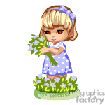 The clipart image features an animated young girl with blonde hair tied with a blue ribbon. She is wearing a blue dress with white polka dots and is standing on grass dotted with small flowers. She is holding a bouquet of star-shaped green flowers.