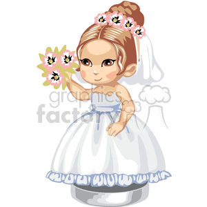 Little bride with pink pansies in her hair and her bouquet