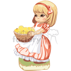 A girl in an orange dress with an orange ribbon in her hair carrying a bowl of apples