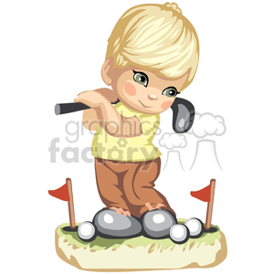 A little blonde haired boy golfing