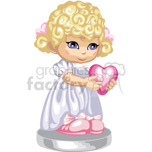 A girl in a white gown holding a pink heart