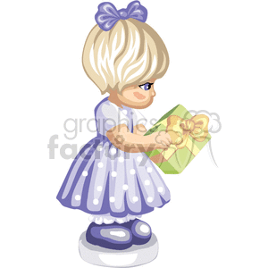 A Little Girl in a Purple Polka Dot Dress Holding a Green and Yellow Gift