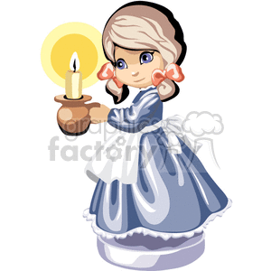Little girl with pigtails in a blue dress with an apron holding a candle