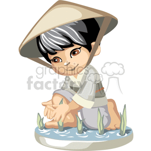 An asian boy gardening at the waterside