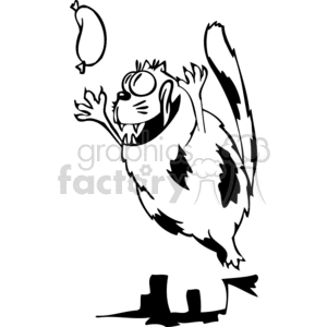 The image is a black and white clipart depicting a humorous and stylized fat cat. The cat has a surprised or eager expression with its eyes wide and mouth open. It appears to be reaching out and looking upwards towards a floating sausage. This cat is presented in a caricatured manner, with exaggerated features and patches of fur missing, which adds to the comic effect of the image.
