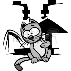 The clipart image shows a black and white illustration of a cat with a comically surprised or startled expression. The cat is sitting under what appears to be a leaking pipe, with drops of water falling towards it. The cat's whiskers are prominent, and it has stripes on its fur, typical of many cartoon cat depictions.