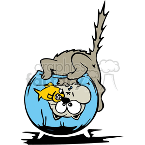 This clipart image features a humorous scene where a gray cat is stuck headfirst in a blue fishbowl. Inside the fishbowl, there's water, and the cat's hind legs and tail are flailing outside the bowl. A surprised goldfish inside the bowl is biting the cat's nose, and the cat appears to have a shocked expression.