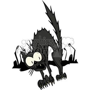 The image illustrates a funny cartoon-style clipart of a scared black cat. The cat is depicted in an exaggerated frightened pose with a hunched back, bristled fur, wide eyes, and outstretched claws, as if it has been startled or is on high alert.