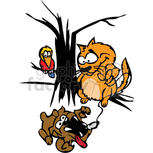 The clipart image depicts a humorous scene involving three animals: a cat perched confidently on a tree branch, a dog looking up with a surprised and scared expression, and a bird sitting on the tree trunk, witnessing the interaction. The cat seems to be teasing or looking down at the startled dog in a playful manner.