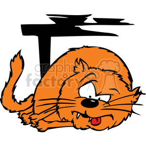 The image appears to be a stylized cartoon of a large, chubby, orange cat lying on its back, playfully winking and sticking out its tongue. The cat appears to be very satisfied or mischievous. It's depicted with exaggerated features for a humorous effect, such as large eyes and a wide grin. Part of a capitalized letter T is visible in the background.