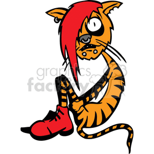 The clipart image shows a stylized cartoon cat with a human-like posture. The cat has orange and black stripes, a prominent red emo-style hair fringe covering one eye, and is wearing a large red shoe on one foot. The cat's facial expression appears to be one of sadness or disillusionment, with the large eyes emphasizing a melancholic or contemplative mood.
