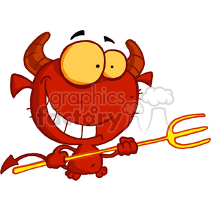 a cute little Red Devil holding a gold pitchfork, with a big smile on his face. 