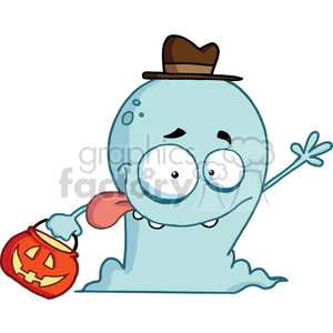 Blue Ghost Character wearing a hat and hold a Halloween Pumpkin bucket